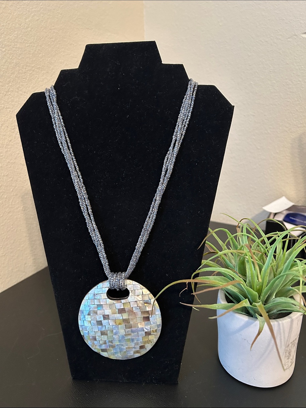 Mother of Pearl Mosaic Pendant Necklace in Gray